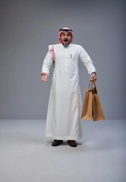 رجل سعودي مندهش يحمل أكياس تسوق في الاستوديو