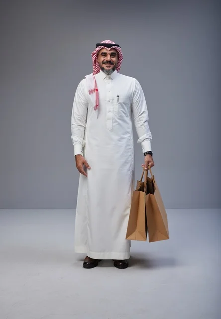 Saudi Man in Traditional Thobe Holding Shopping Bags