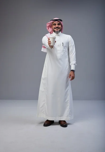 Saudi Man in Traditional Thobe Holding Coffee Cup Saudi Man in Traditional Thobe Holding Coffee Cup