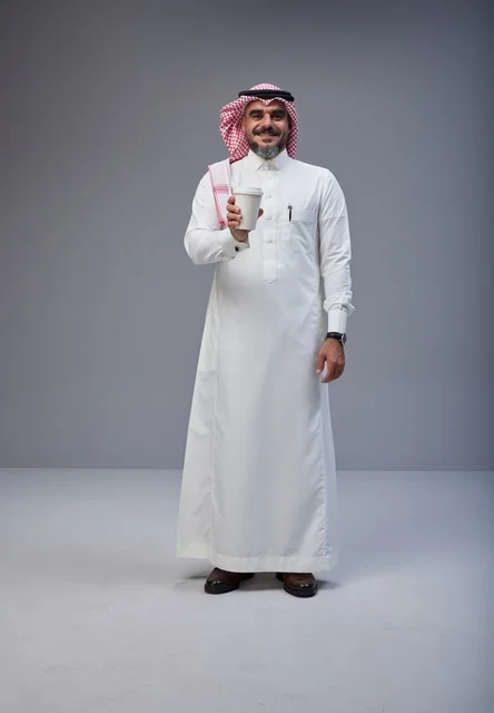 رجل سعودي بالزي التقليدي يحمل كوب قهوة في الاستوديو