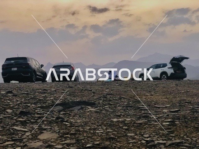 SUV Camping on Al Baha Mountains at Sunset