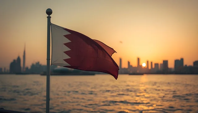 علم دولة قطر مع أفق مدينة الدوحة عند الغروب