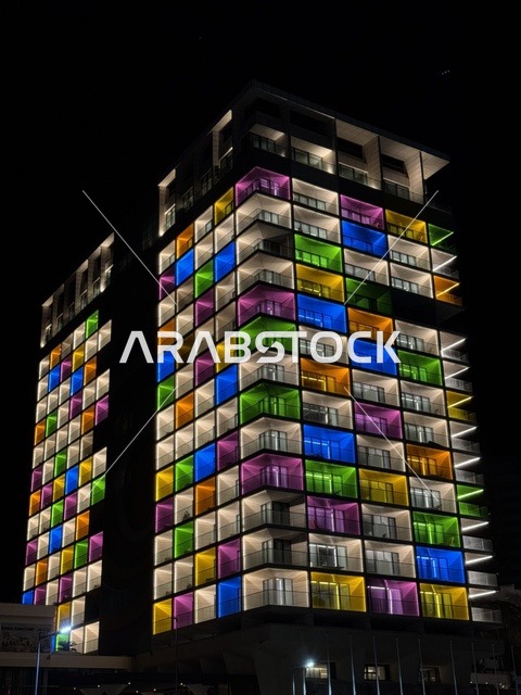 Modern Building Doha Qatar Night Multicolored Lighting