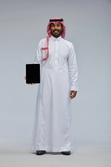 Saudi Man Holding Blank Digital Tablet in Studio