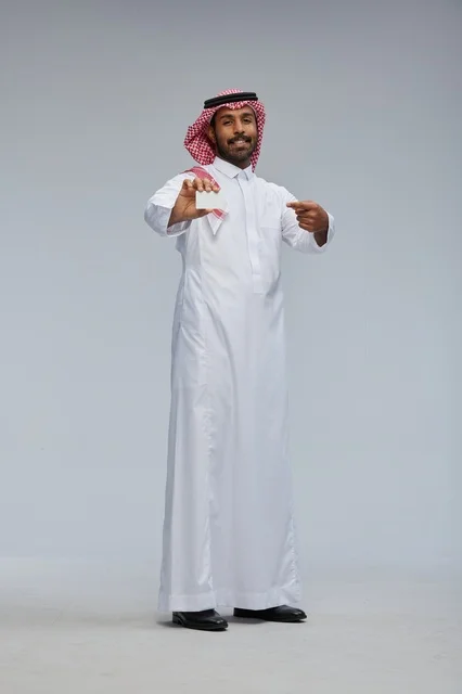 Saudi Man Holding Blank White Business Card