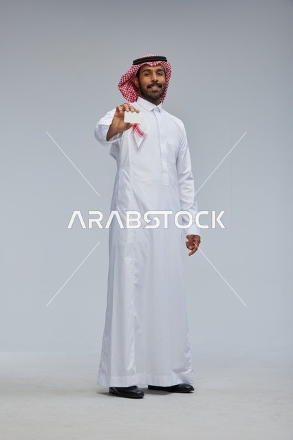 Saudi Man Holding Blank White Business Card