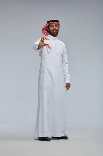 Saudi Man Holding Blank White Business Card