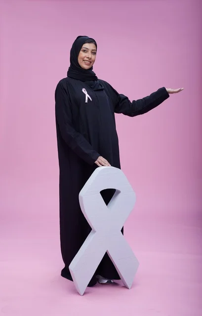 امرأة سعودية مع رمز التوعية بسرطان الثدي