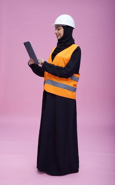 Saudi Female Engineer with Tablet and Safety Gear