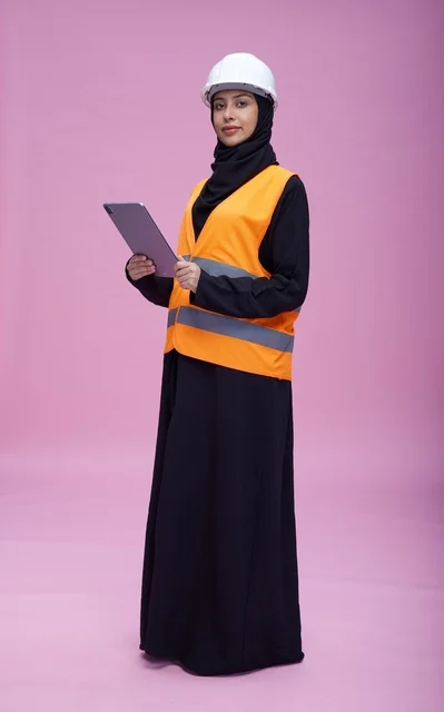 Saudi Female Engineer with Tablet on Pink Background