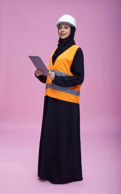 Saudi Female Engineer with Tablet on Pink Background