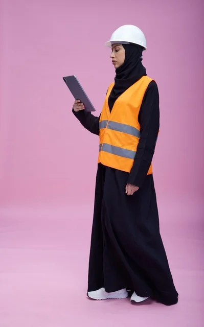 Saudi Female Engineer with Tablet on Pink Background