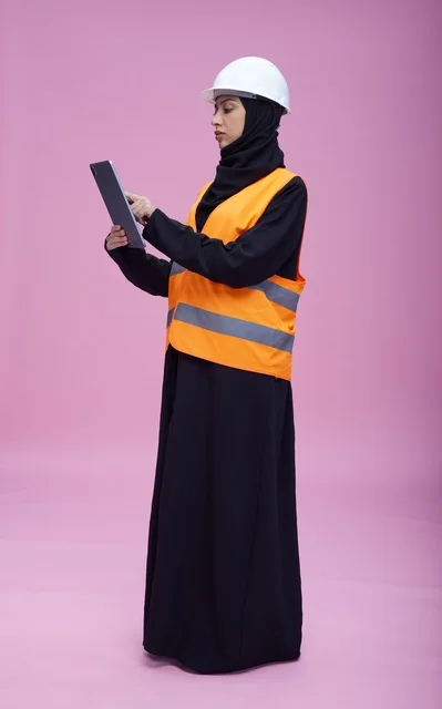 مهندسة سعودية تستخدم جهاز لوحي بزي السلامة