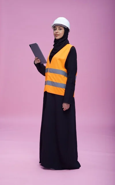 Saudi Female Engineer with Tablet and Safety Gear