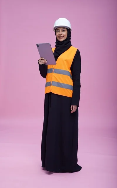مهندسة سعودية بجهاز لوحي أمام خلفية وردية