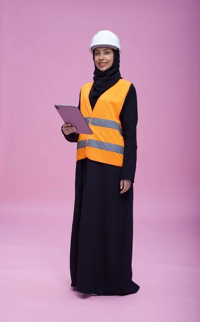مهندسة سعودية مع جهاز لوحي بخلفية وردية