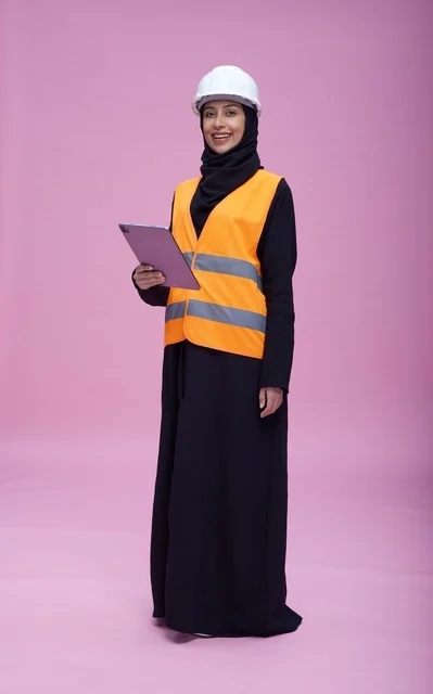 Saudi Female Engineer with Tablet Pink Background