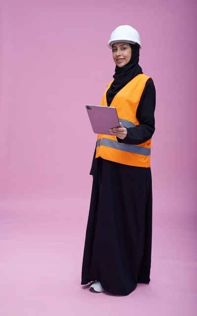 Saudi Female Engineer with Tablet and Safety Vest