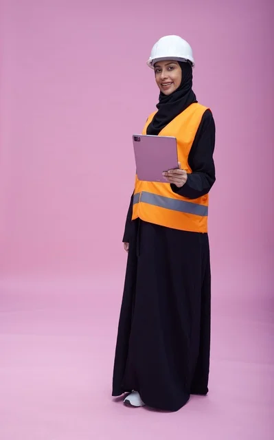 Saudi Female Engineer with Tablet in Safety Gear