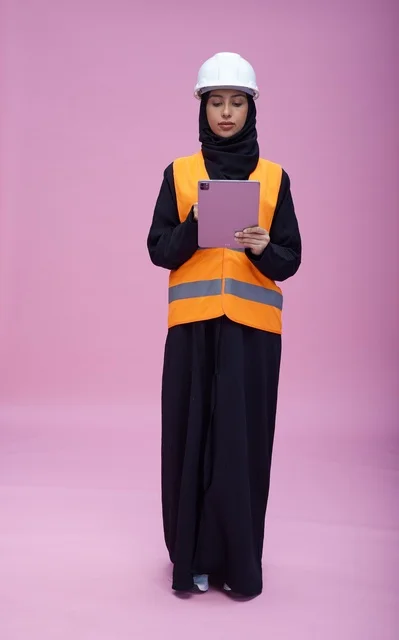 Saudi Female Engineer with Tablet and Hard Hat