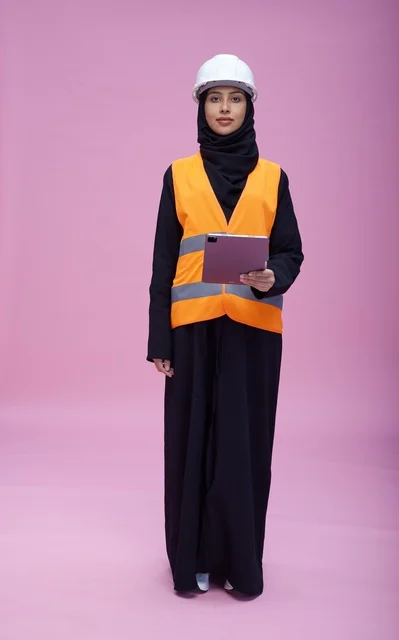 Saudi Female Engineer with Tablet on Pink Background