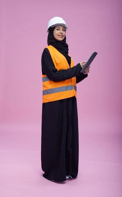 مهندسة سعودية تستخدم جهازاً لوحياً بخلفية وردية