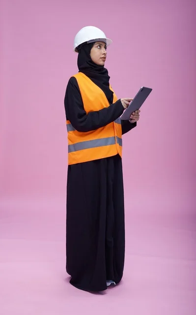 Saudi Female Engineer with Tablet on Pink Background