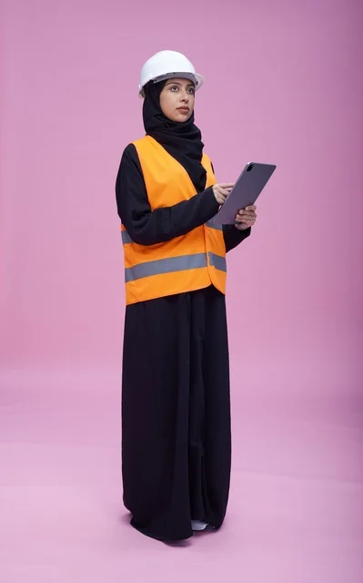 مهندسة سعودية تحمل جهاز لوحي في استوديو بخلفية وردية