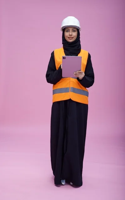 Saudi Female Engineer Using Tablet on Pink Background
