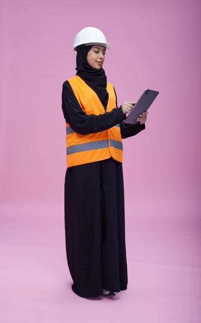 Saudi Female Engineer with Tablet in Studio Setting