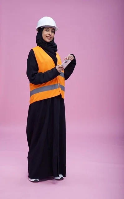 Saudi Female Engineer with Smartphone on Pink Background