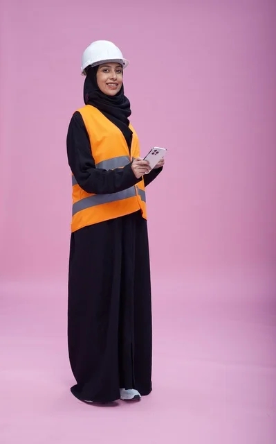 Saudi Female Engineer Using Smartphone on Pink Background