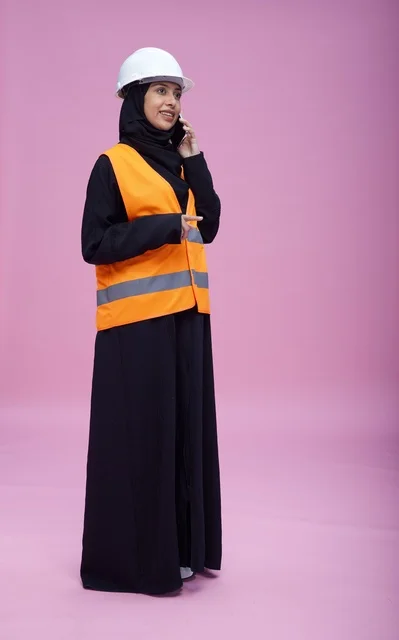 Saudi Female Engineer on Phone in Safety Gear