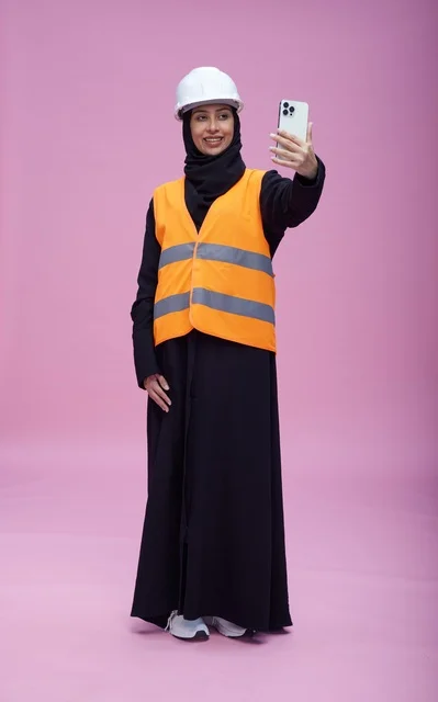 Saudi Female Engineer Smartphone Selfie Pink Background