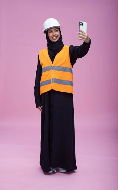 Saudi Female Engineer with Smartphone on Pink Background