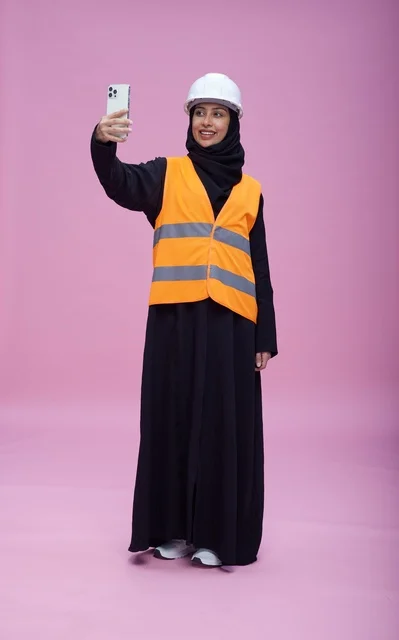 Saudi Female Engineer Taking Selfie on Pink Background