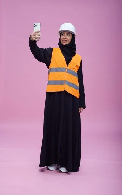 Saudi Female Engineer Taking Selfie on Pink Background