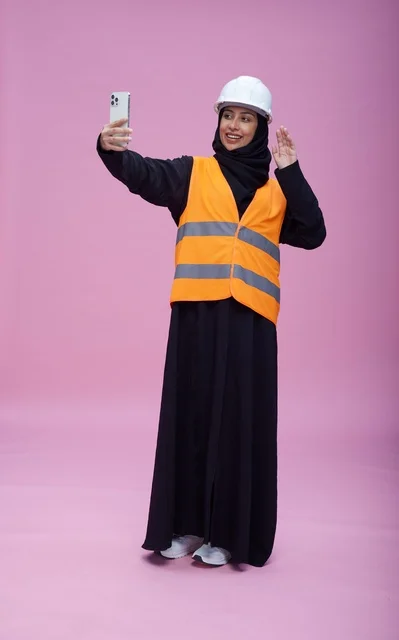 Saudi Female Engineer Taking Selfie on Pink Background