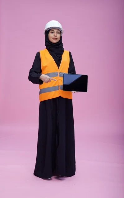 Saudi Female Engineer Holding Tablet on Pink Background