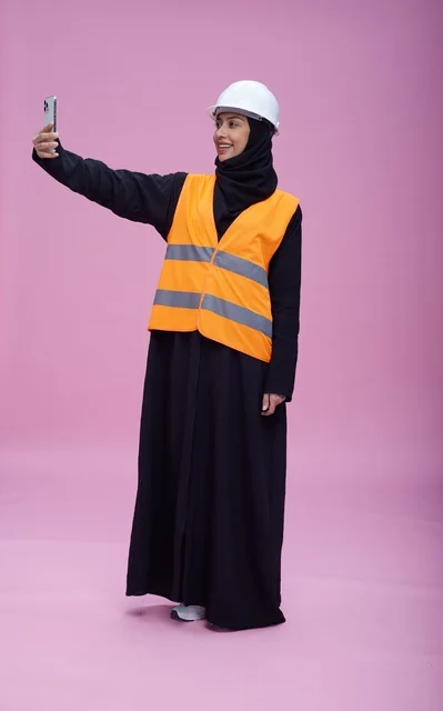 Saudi Female Engineer Taking Selfie on Pink Background
