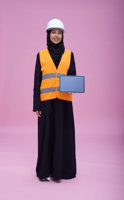 مهندسة سعودية تحمل جهاز لوحي بخلفية وردية