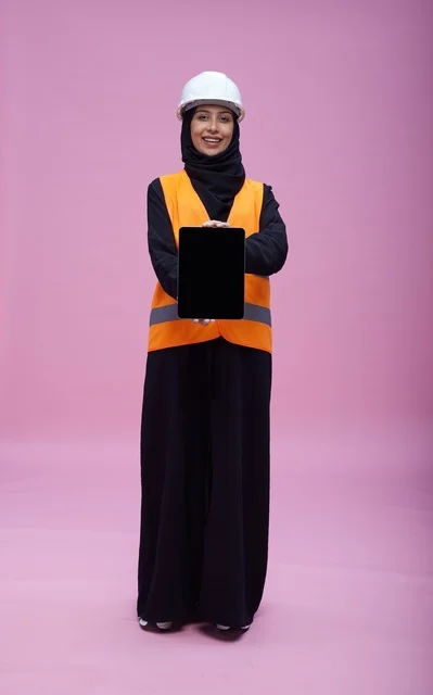 مهندسة سعودية ترتدي خوذة السلامة وتحمل جهاز لوحي