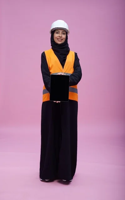 Saudi Female Engineer Holding Tablet in Studio