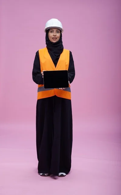 مهندسة سعودية تحمل جهاز لوحي بخلفية وردية