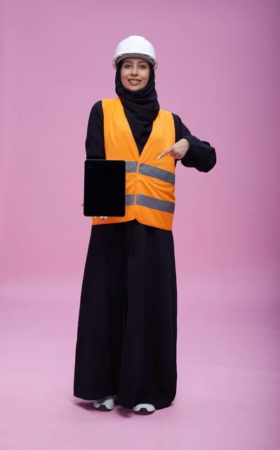 مهندسة سعودية تحمل جهاز لوحي بزي السلامة