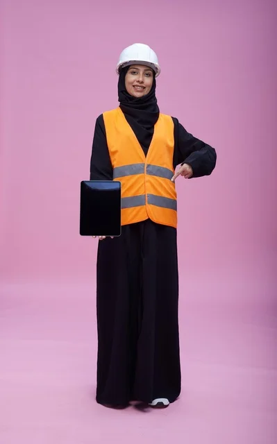 Saudi Female Engineer Holding Tablet on Pink Background