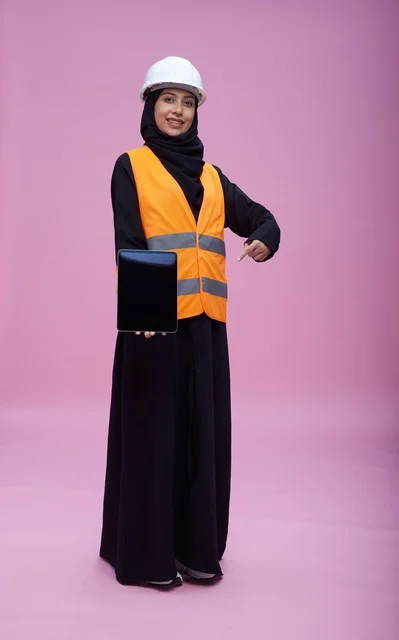 Saudi Female Engineer Holding Tablet on Pink Background
