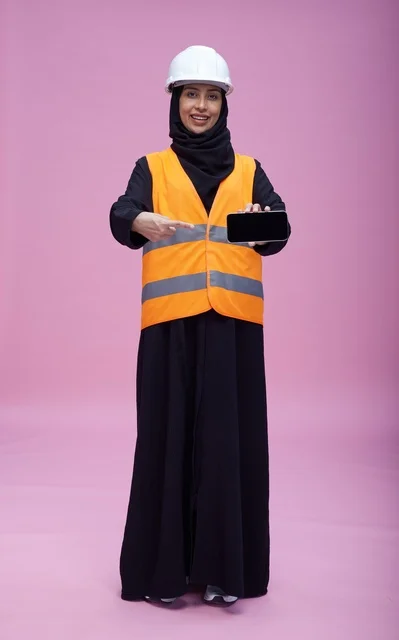 Saudi Female Engineer Holding Smartphone Mockup