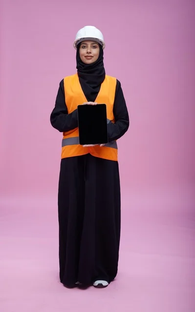 Saudi Female Engineer Holding Tablet on Pink Background