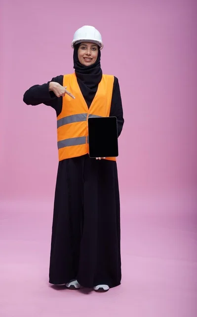 Saudi Female Engineer Holding Tablet on Pink Background